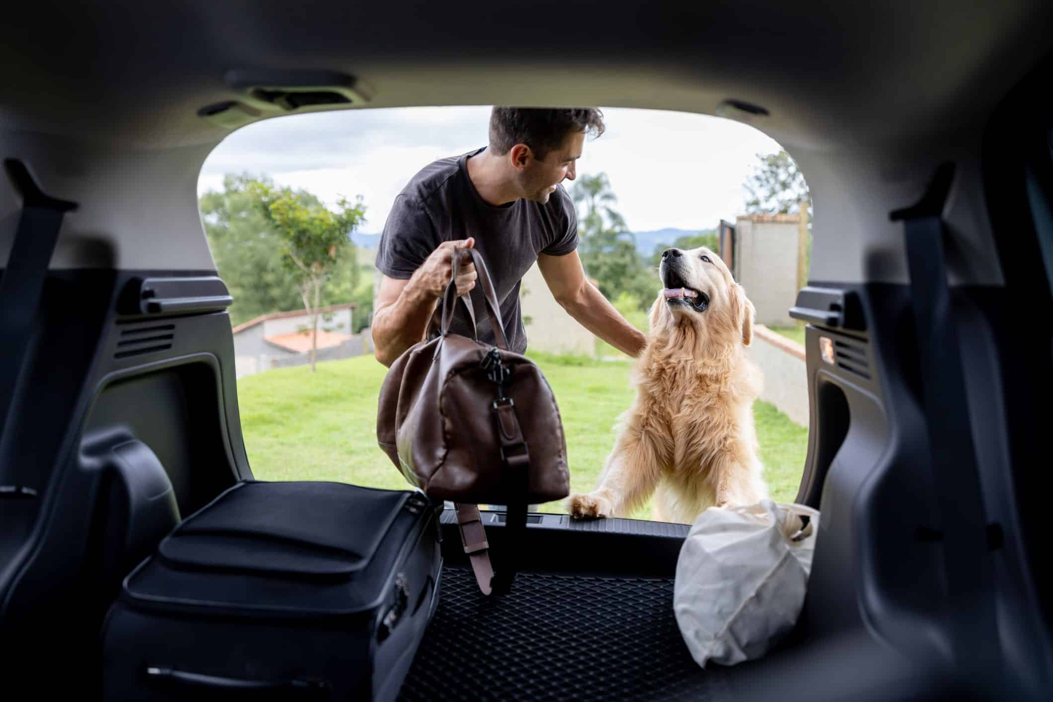 Viajero con perro preparando un viaje en coche